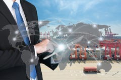Businessman press digital tablet to show global network partners stock image Businessman press digital tablet to show global network partners stock image