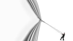 Businessman pulling open white curtain with blank white background royalty free stock images Businessman pulling open white curtain with blank white background royalty free stock images