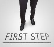Businessman standing wearing court shoes on first step line. Royalty Free Stock Image Businessman standing wearing court shoes on first step line. Royalty Free Stock Image