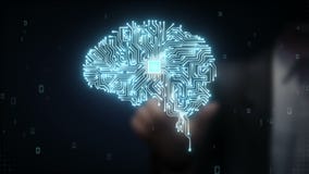 Businessman touching Brain CPU chip, grow artificial intelligence