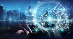Businessman using digital artificial intelligence interface 3D r stock illustration Businessman using digital artificial intelligence interface 3D r stock illustration