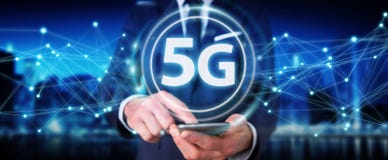 Businessman using 5G network interface 3D rendering stock illustration Businessman using 5G network interface 3D rendering stock illustration