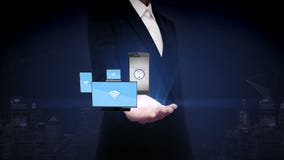 Businesswoman open palm, Smart share wi fi function with mobile devices, IOT technology. stock illustration Businesswoman open palm, Smart share wi fi function with mobile devices, IOT technology. stock illustration