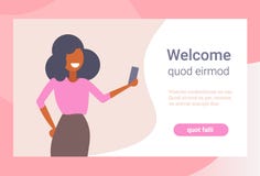 Businesswoman taking selfie photo smartphone camera happy business woman using mobile application cartoon character royalty free illustration Businesswoman taking selfie photo smartphone camera happy business woman using mobile application cartoon character royalty free illustration