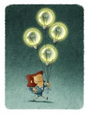 Businesswoman Walking With Four Flying Illuminated Bulbs Stock Images Businesswoman Walking With Four Flying Illuminated Bulbs Stock Images