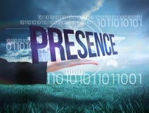 Businesswomans hand presenting the word presence Stock Photo Businesswomans hand presenting the word presence Stock Photo