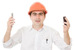 Busy Businessman Wearing A Helmet With A Phones Stock Photos Busy Businessman Wearing A Helmet With A Phones Stock Photos
