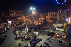 Busy Indian Street Market in New Delhi, India. Night Main Bazaar top view royalty free stock photography Busy Indian Street Market in New Delhi, India. Night Main Bazaar top view royalty free stock photography