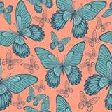 Butterflies in Coral and Turqoisel Green Backround seamless pattern royalty free illustration Butterflies in Coral and Turqoisel Green Backround seamless pattern royalty free illustration