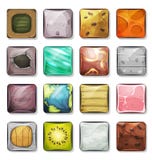 Buttons And Icons Set For Mobile App And Game Ui. Illustration of a set of cartoon icons and web buttons, in various texture, wood, stone, ham, kiwi, cheese stock illustration Buttons And Icons Set For Mobile App And Game Ui. Illustration of a set of cartoon icons and web buttons, in various texture, wood, stone, ham, kiwi, cheese stock illustration