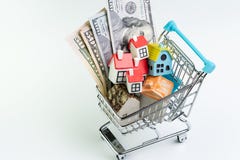 Buy and sell house, property demand and supply or real estate purchasing concept, shopping cart or trolley with full of small cute stock photography Buy and sell house, property demand and supply or real estate purchasing concept, shopping cart or trolley with full of small cute stock photography