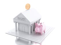 byggnad för bank 3d med den pengarmyntet och spargrisen vektor illustrationer byggnad för bank 3d med den pengarmyntet och spargrisen vektor illustrationer