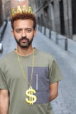 Bärande krona för man och halsband för dollartecken royaltyfri bild Bärande krona för man och halsband för dollartecken royaltyfri bild
