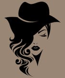 Cabelo longo com um chapéu, cara das mulheres das mulheres do logotipo no fundo marrom ilustração stock Cabelo longo com um chapéu, cara das mulheres das mulheres do logotipo no fundo marrom ilustração stock