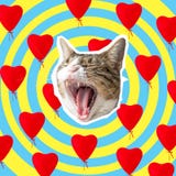 Cabeça do gato com colagem brilhante dos corações, projeto de conceito do pop art Fundo mínimo do amor imagem de stock royalty free Cabeça do gato com colagem brilhante dos corações, projeto de conceito do pop art Fundo mínimo do amor imagem de stock royalty free