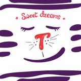 Cabeça do gato dos desenhos animados, olhos fechados sonhos doces da frase ilustração do vetor Cabeça do gato dos desenhos animados, olhos fechados sonhos doces da frase ilustração do vetor