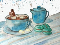 Cacaomok met heemst en makarons stock illustratie Cacaomok met heemst en makarons stock illustratie