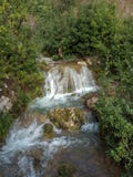 A cachoeira conecta para baixo o lado da montanha sobre o musgo cobriu rochas entre as ?rvores e os arbustos foto de stock A cachoeira conecta para baixo o lado da montanha sobre o musgo cobriu rochas entre as ?rvores e os arbustos foto de stock