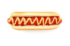 Cachorro quente com ketchup e mostarda no branco fotografia de stock royalty free Cachorro quente com ketchup e mostarda no branco fotografia de stock royalty free