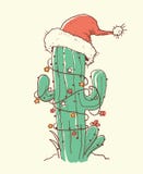 Cactus Christmas Red Santa Hat .Vector Color Hand Drawn Illustration Royalty Free Stock Photos