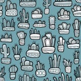 Cactus dibujados mano gráfica divertida en potes en el fondo azul, modelo inconsútil ilustración del vector Cactus dibujados mano gráfica divertida en potes en el fondo azul, modelo inconsútil ilustración del vector