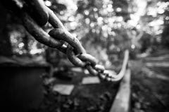 Cadena en el fondo del cementerio, foto blanco y negro, foco suave Fotografía de archivo Cadena en el fondo del cementerio, foto blanco y negro, foco suave Fotografía de archivo
