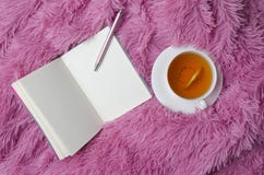 Caderno vazio, pena, copo branco com chá do lúpulo e limão na manta macia Conceito do planeamento da menina fotografia de stock royalty free Caderno vazio, pena, copo branco com chá do lúpulo e limão na manta macia Conceito do planeamento da menina fotografia de stock royalty free