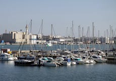 Sailing yachts in the harbor of the seaport of Cadiz on the coast of the Bay of Cadiz in the Atlantic Ocean. Royalty Free Stock Photos Sailing yachts in the harbor of the seaport of Cadiz on the coast of the Bay of Cadiz in the Atlantic Ocean. Royalty Free Stock Photos
