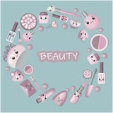 Cadre mignon de bande dessinée avec la petite fille de kawaii et les cosmétiques, choses de mode - rouge à lèvres, cristal rose, illustration de vecteur Cadre mignon de bande dessinée avec la petite fille de kawaii et les cosmétiques, choses de mode - rouge à lèvres, cristal rose, illustration de vecteur