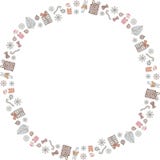 Cadre rond pendant la nouvelle année et Noël fait de griffonnages Santa Clauses, porcs, cadeaux, arbres de Noël, boules de Noël, illustration libre de droits Cadre rond pendant la nouvelle année et Noël fait de griffonnages Santa Clauses, porcs, cadeaux, arbres de Noël, boules de Noël, illustration libre de droits