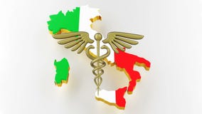 Caduceus sign with snakes on a medical star. Map of Italy land border with flag. 3d rendering