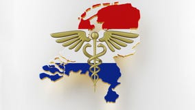 Caduceus sign with snakes on a medical star. Map of Netherlands land border with flag. 3d rendering