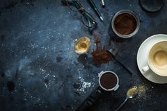 Cafe table - espresso accessories, empty coffee cup stock images Cafe table - espresso accessories, empty coffee cup stock images