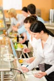 Cafeteria lunch two office woman choose food stock image Cafeteria lunch two office woman choose food stock image