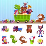 Caixa de brinquedos das crian?as As crianças brincam o recipiente com jogo da casa dos carros dos blocos e do grupo isolado cerve ilustração royalty free Caixa de brinquedos das crian?as As crianças brincam o recipiente com jogo da casa dos carros dos blocos e do grupo isolado cerve ilustração royalty free