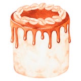 Cake with caramel streaks and peanuts. Watercolor illustration. Isolated on a white background.