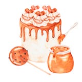 A cake, lollipop and a jar of caramel.Sweets.Watercolor illustration. Isolated on a white background