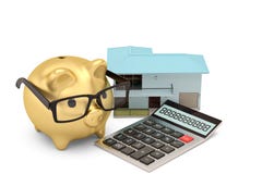 Calculatrice et tirelire et maison sur le fond blanc illus 3d illustration stock Calculatrice et tirelire et maison sur le fond blanc illus 3d illustration stock