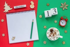 calendar December 13th cup cocoa and marshmallow, empty open notepad stock images calendar December 13th cup cocoa and marshmallow, empty open notepad stock images