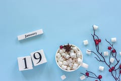 Calendar January 19 Cup of cocoa, marshmallows and branch berries stock image Calendar January 19 Cup of cocoa, marshmallows and branch berries stock image