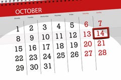 Calendar o planejador para o mês, dia do fim do prazo da semana 2018 outubro, 14, domingo ilustração stock Calendar o planejador para o mês, dia do fim do prazo da semana 2018 outubro, 14, domingo ilustração stock
