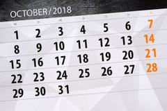 Calendar stadsplaneraren för månaden, stopptiddagen av veckan 2018 oktober Stock Illustrationer Calendar stadsplaneraren för månaden, stopptiddagen av veckan 2018 oktober Stock Illustrationer