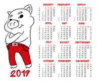 Calendario 2019 Cerdo divertido de la historieta en pantalones rojos stock de ilustración Calendario 2019 Cerdo divertido de la historieta en pantalones rojos stock de ilustración