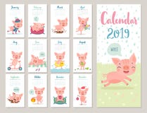 Calendario 2019 Calendario mensile sveglio con i porcellini allegri Caratteri disegnati a mano di stile illustrazione vettoriale Calendario 2019 Calendario mensile sveglio con i porcellini allegri Caratteri disegnati a mano di stile illustrazione vettoriale