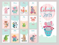 Calendário 2019 Calendário mensal bonito com animais da floresta ilustração stock Calendário 2019 Calendário mensal bonito com animais da floresta ilustração stock