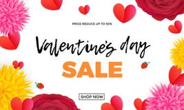 Calibre de conception de vente de jour de valentines des coeurs de papier rouges et groupe de rose ou rouge rose de fleurs sur le illustration stock Calibre de conception de vente de jour de valentines des coeurs de papier rouges et groupe de rose ou rouge rose de fleurs sur le illustration stock