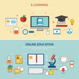 Calibre plat en ligne d'éducation et de conception de bannière d'apprentissage en ligne Photographie stock libre de droits Calibre plat en ligne d'éducation et de conception de bannière d'apprentissage en ligne Photographie stock libre de droits