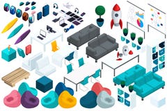 Calidad Isometry, un sistema de los muebles coloridos para el trabajo y el ocio de empresarios jovenes, un ordenador portátil, un ilustración del vector Calidad Isometry, un sistema de los muebles coloridos para el trabajo y el ocio de empresarios jovenes, un ordenador portátil, un ilustración del vector