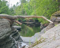 Calm waters on rocky forest shoreline of river in the Porcupine Mountains Wilderness State Park in the Upper Peninsula of Michigan stock photos Calm waters on rocky forest shoreline of river in the Porcupine Mountains Wilderness State Park in the Upper Peninsula of Michigan stock photos