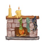 Camino con i calzini e le candele che aspettano Santa Ruota dentata illustrazione di stock Camino con i calzini e le candele che aspettano Santa Ruota dentata illustrazione di stock